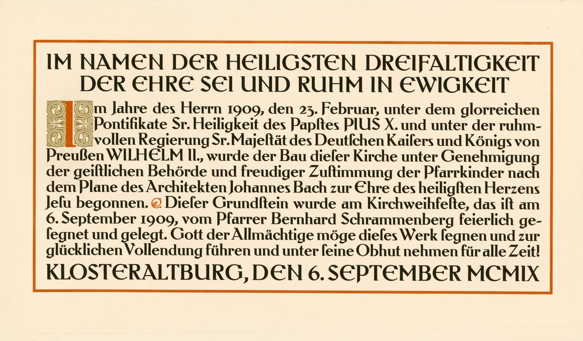 Urkunde zum Gedenken an die Grundsteinlegung der katholischen Kirche zu Klosteraltburg am 23.02.1909