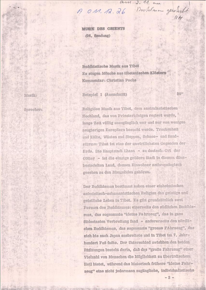 26. SFB-Sendung Buddhistische Musik aus Tibet (Klostermönche), (Kommentar: Christian Poche)