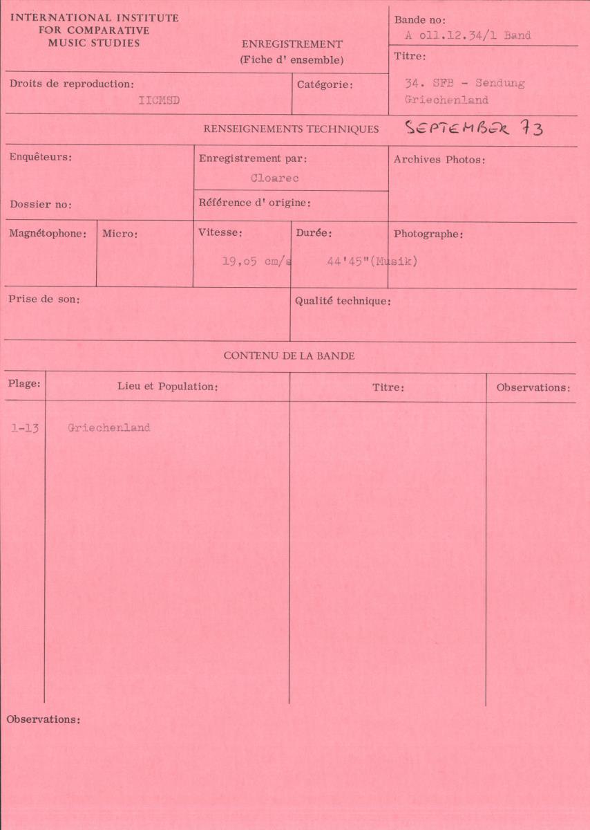 34. SFB-Sendung Griechenland, (Manuskript: Alain Daniélou)