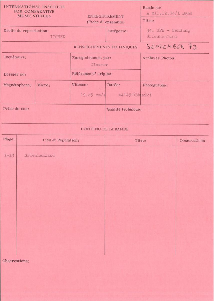 34. SFB-Sendung Griechenland, (Manuskript: Alain Daniélou)