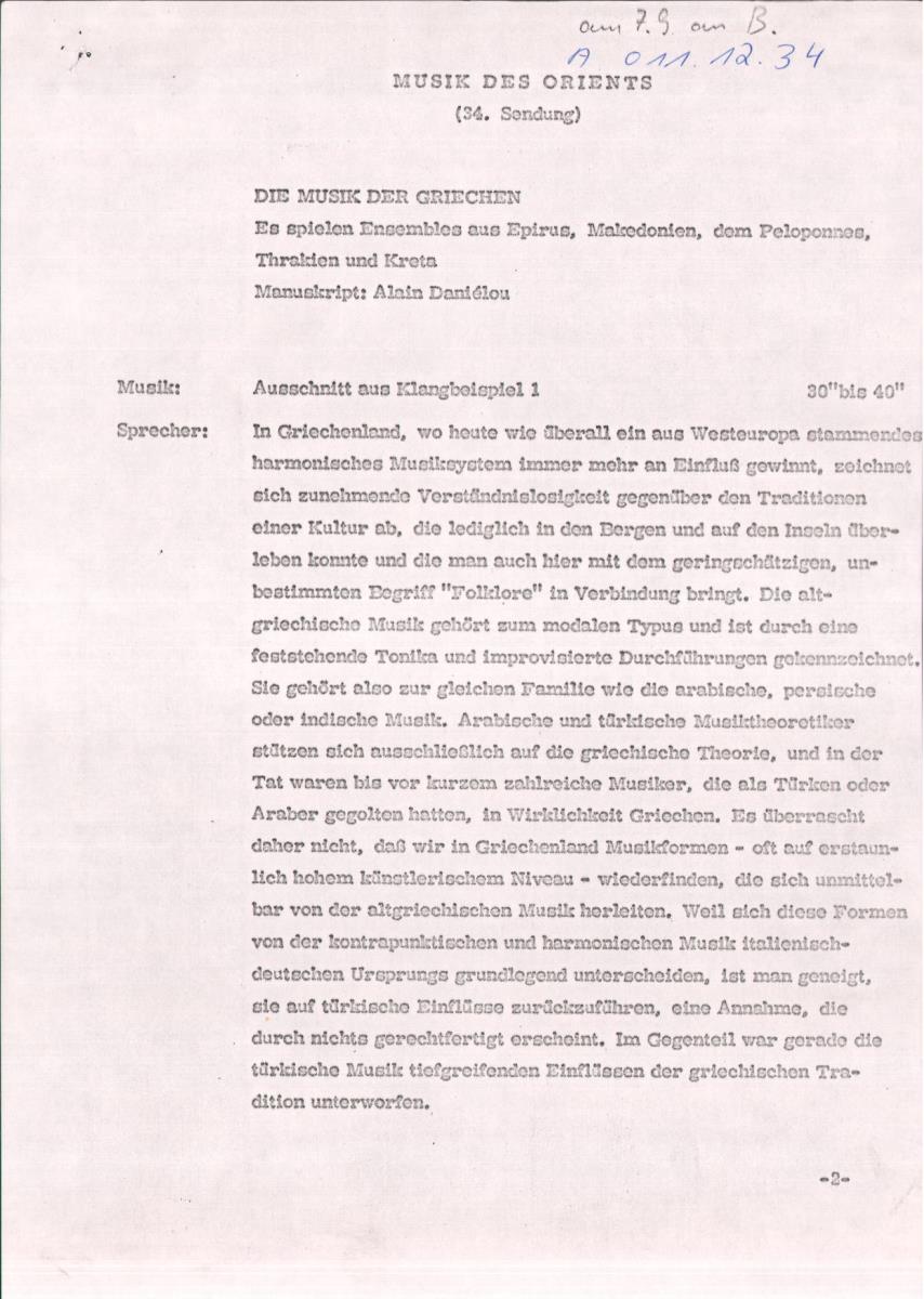 34. SFB-Sendung Griechenland, (Manuskript: Alain Daniélou)