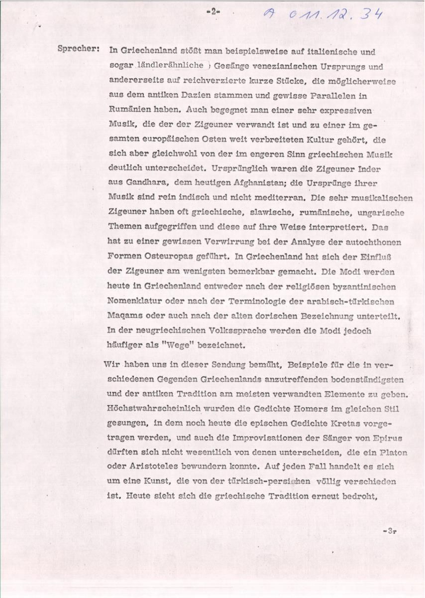 34. SFB-Sendung Griechenland, (Manuskript: Alain Daniélou)