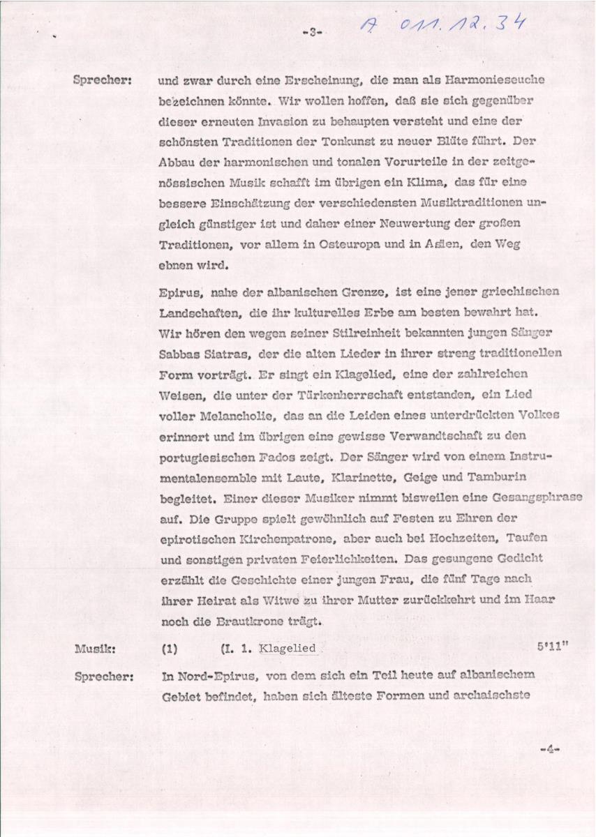 34. SFB-Sendung Griechenland, (Manuskript: Alain Daniélou)