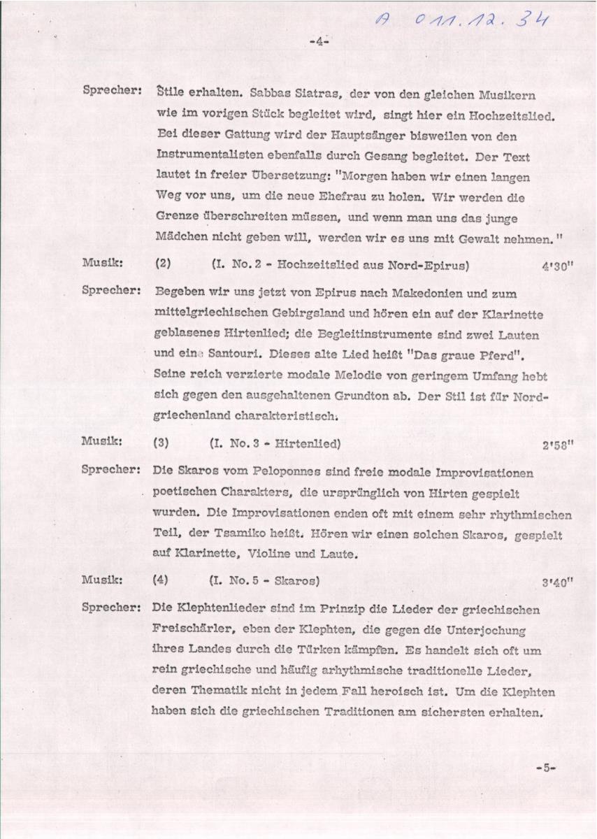 34. SFB-Sendung Griechenland, (Manuskript: Alain Daniélou)