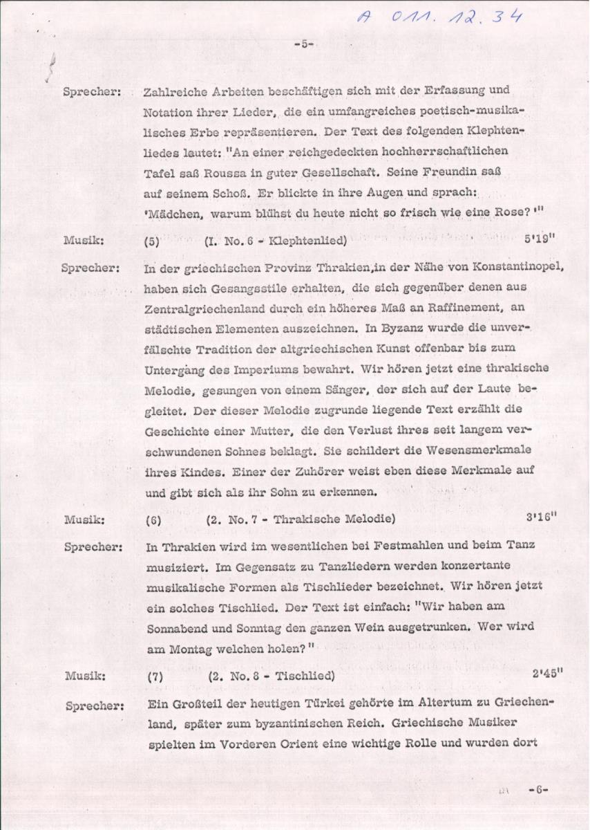 34. SFB-Sendung Griechenland, (Manuskript: Alain Daniélou)