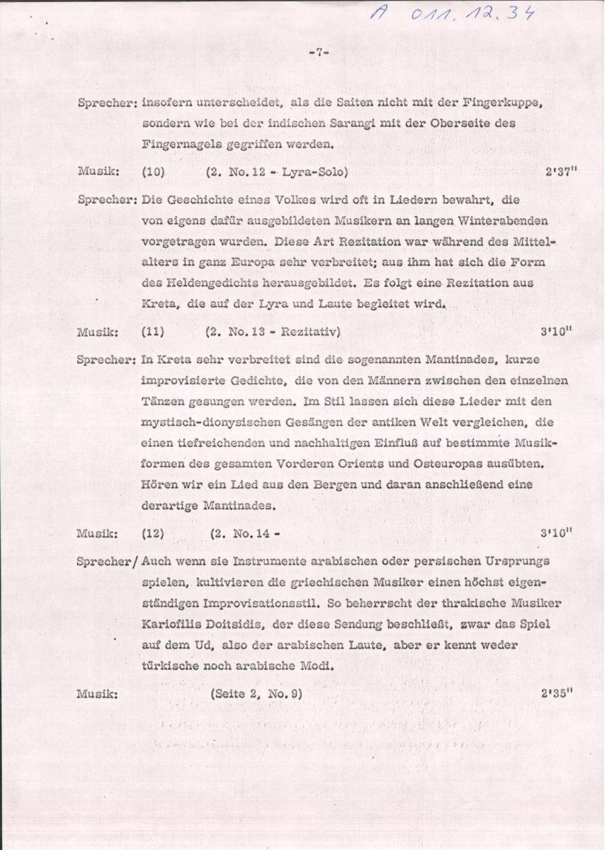 34. SFB-Sendung Griechenland, (Manuskript: Alain Daniélou)