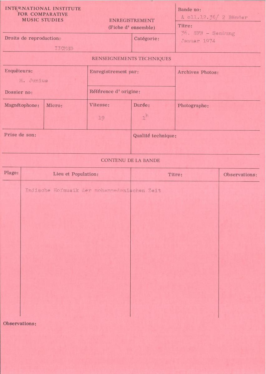 36. SFB-Sendung Indische Hofmusik der mohammedanischen Zeit; (Manuskript: Manfred Janius)