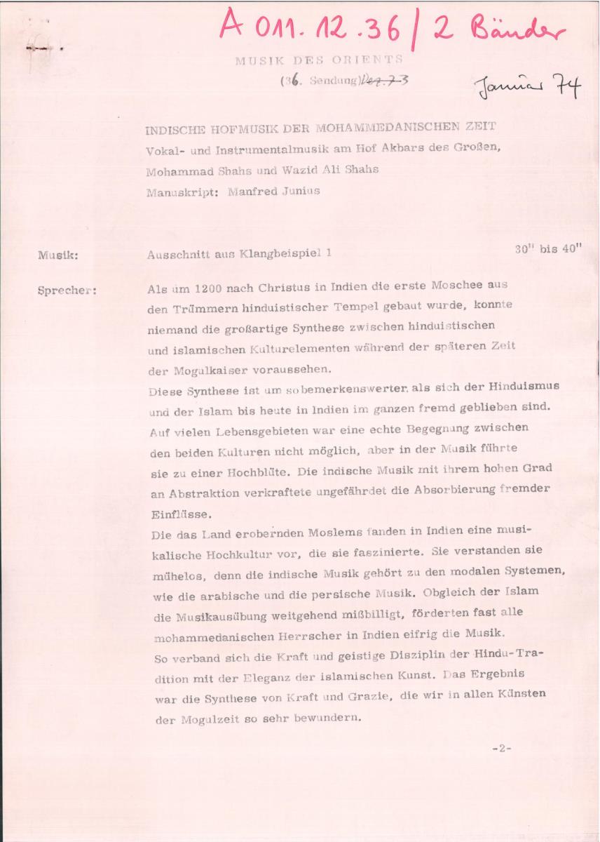 36. SFB-Sendung Indische Hofmusik der mohammedanischen Zeit; (Manuskript: Manfred Janius)