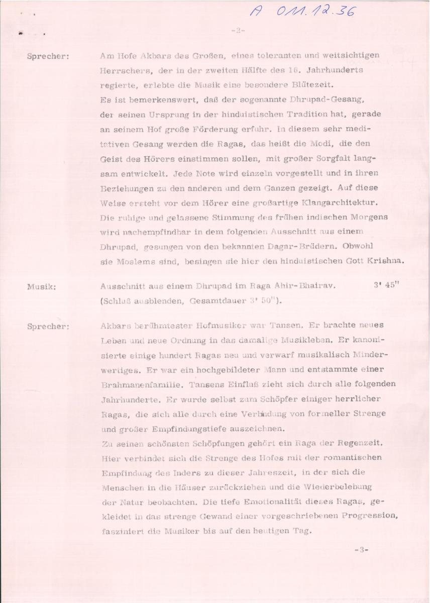 36. SFB-Sendung Indische Hofmusik der mohammedanischen Zeit; (Manuskript: Manfred Janius)