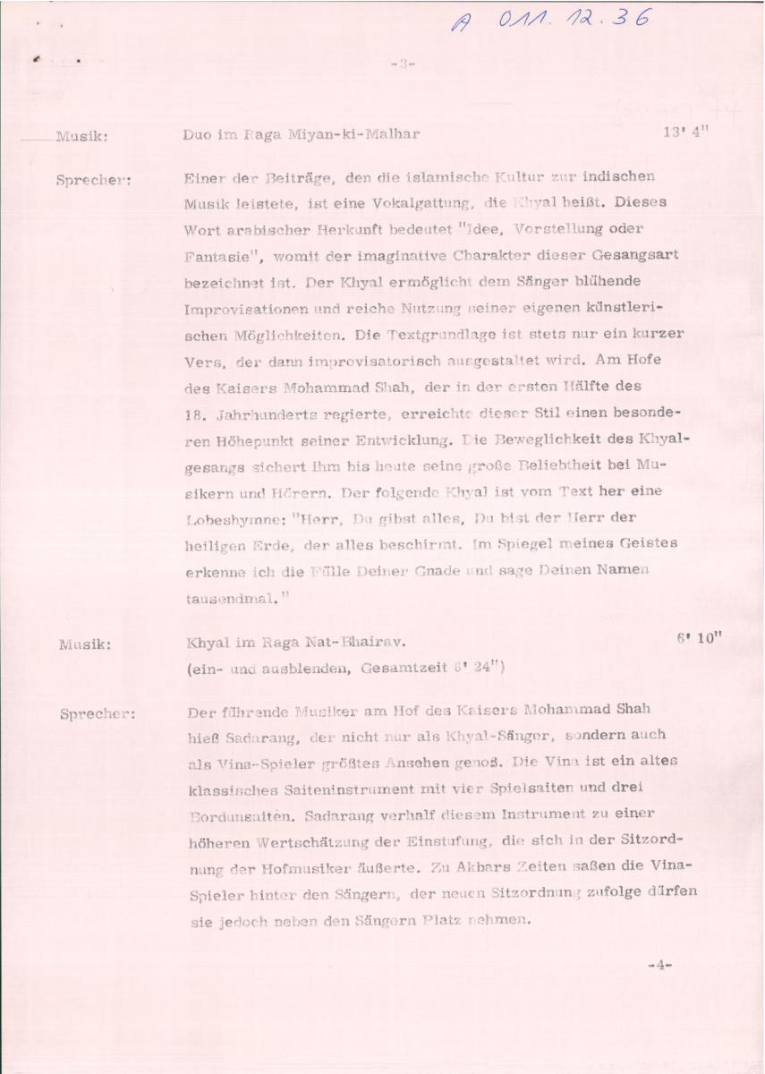 36. SFB-Sendung Indische Hofmusik der mohammedanischen Zeit; (Manuskript: Manfred Janius)