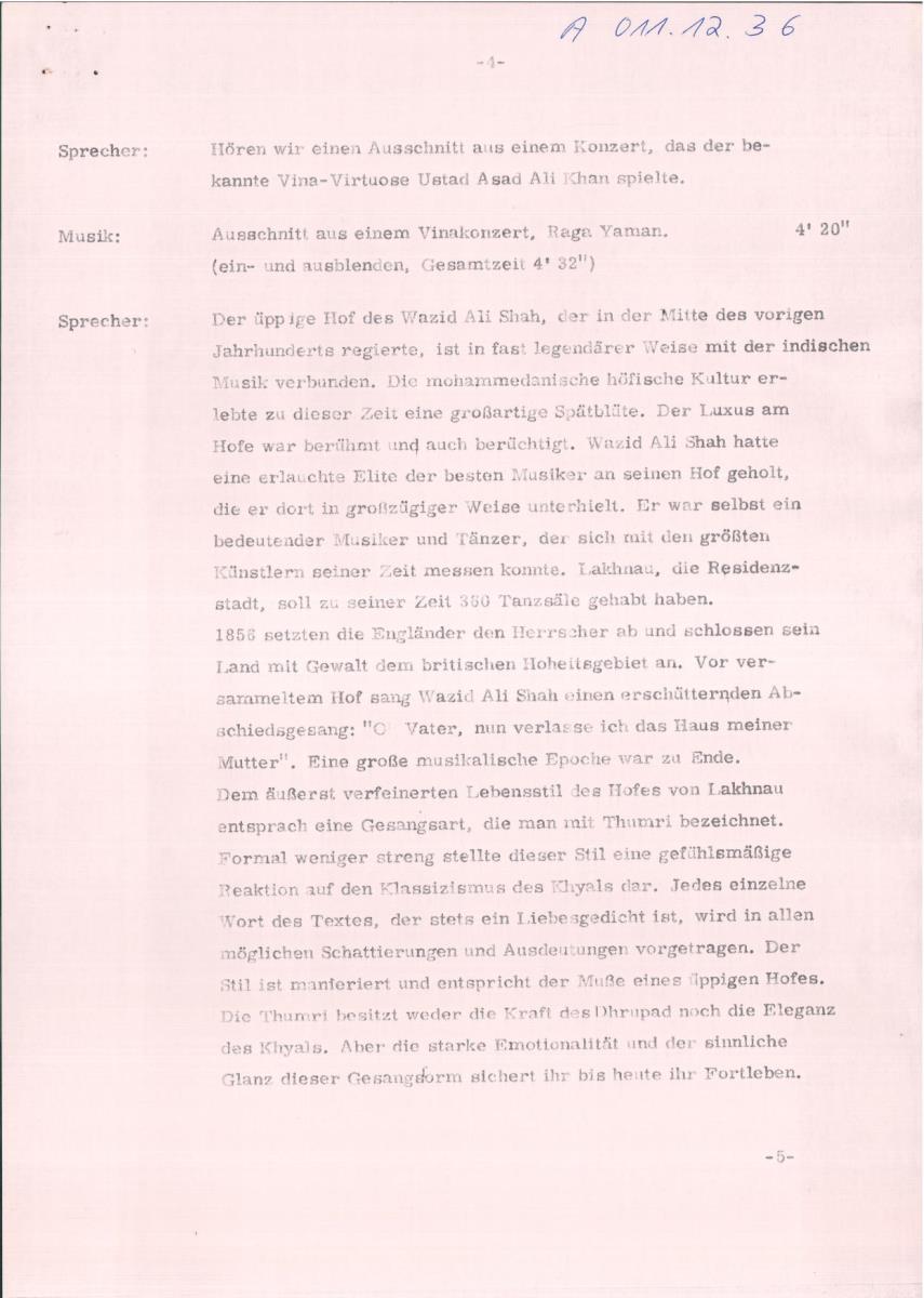 36. SFB-Sendung Indische Hofmusik der mohammedanischen Zeit; (Manuskript: Manfred Janius)