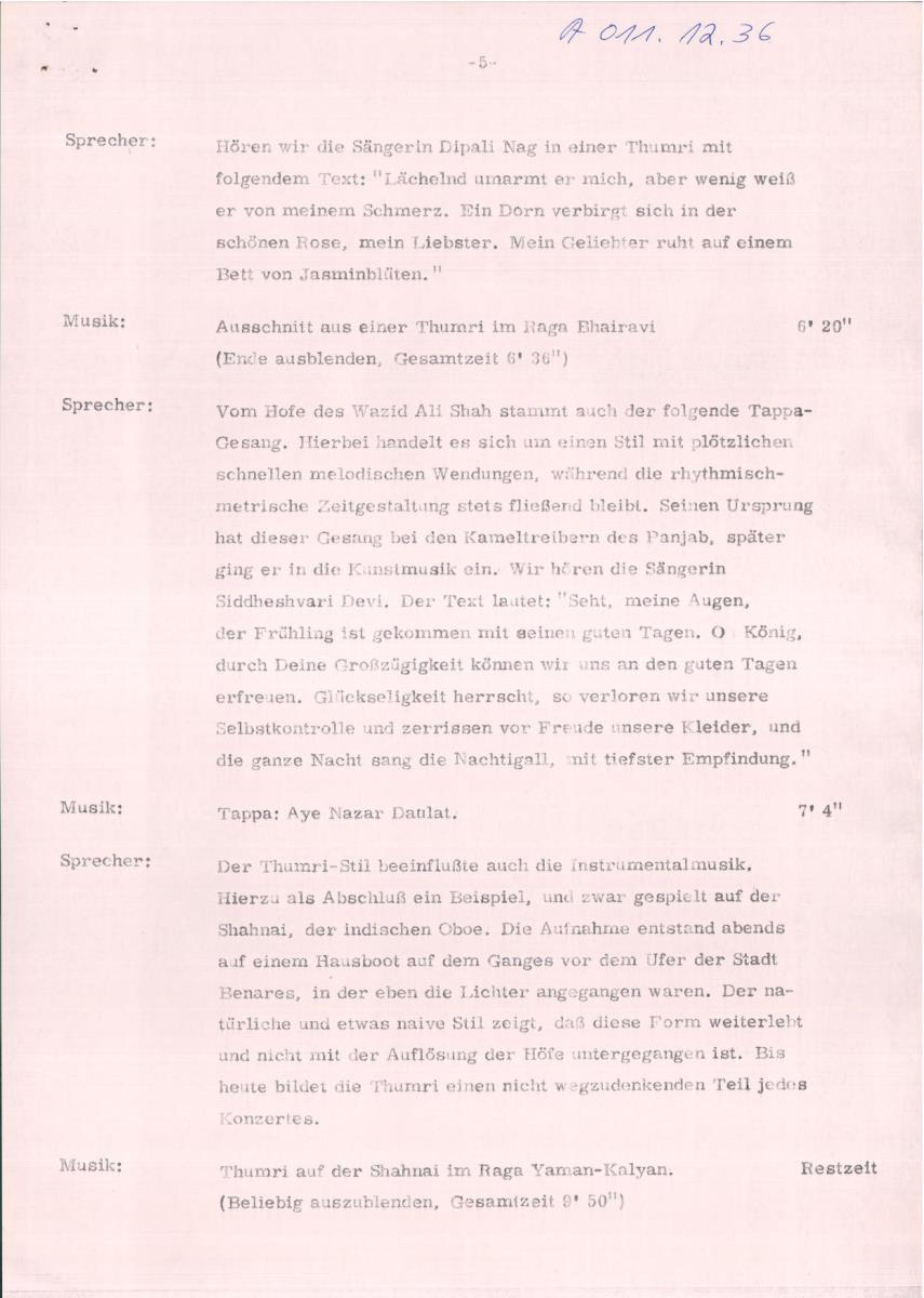 36. SFB-Sendung Indische Hofmusik der mohammedanischen Zeit; (Manuskript: Manfred Janius)