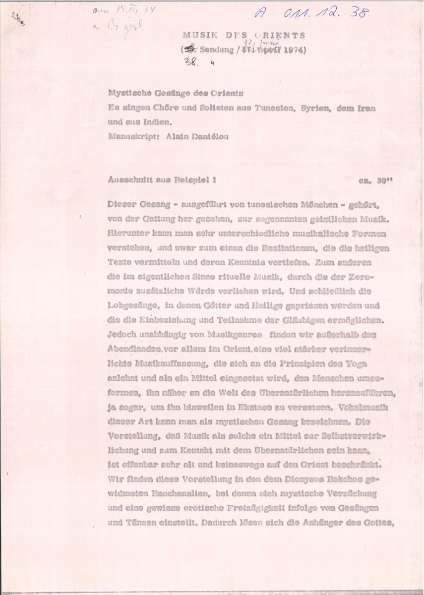 39. SFB-Sendung Mystische Gesänge des Orients; Chöre u. Solisten aus Tunesien, Syrien, Iran u. Indien, (Manuskript: Alain Daniélou)
