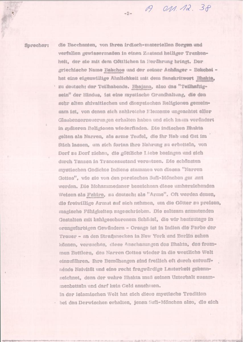 39. SFB-Sendung Mystische Gesänge des Orients; Chöre u. Solisten aus Tunesien, Syrien, Iran u. Indien, (Manuskript: Alain Daniélou)