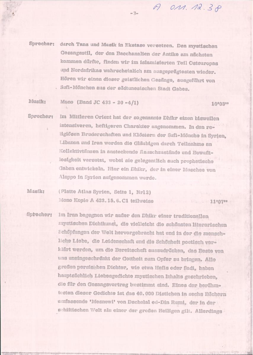 39. SFB-Sendung Mystische Gesänge des Orients; Chöre u. Solisten aus Tunesien, Syrien, Iran u. Indien, (Manuskript: Alain Daniélou)