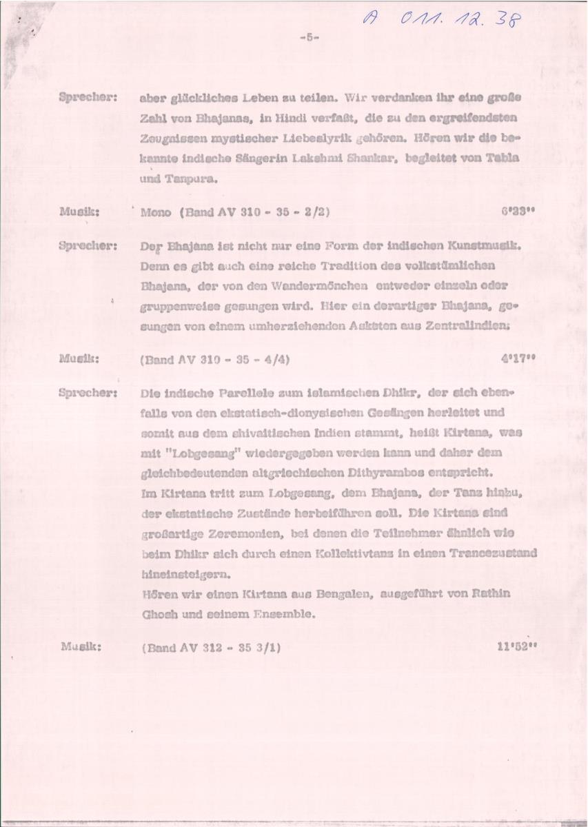 39. SFB-Sendung Mystische Gesänge des Orients; Chöre u. Solisten aus Tunesien, Syrien, Iran u. Indien, (Manuskript: Alain Daniélou)