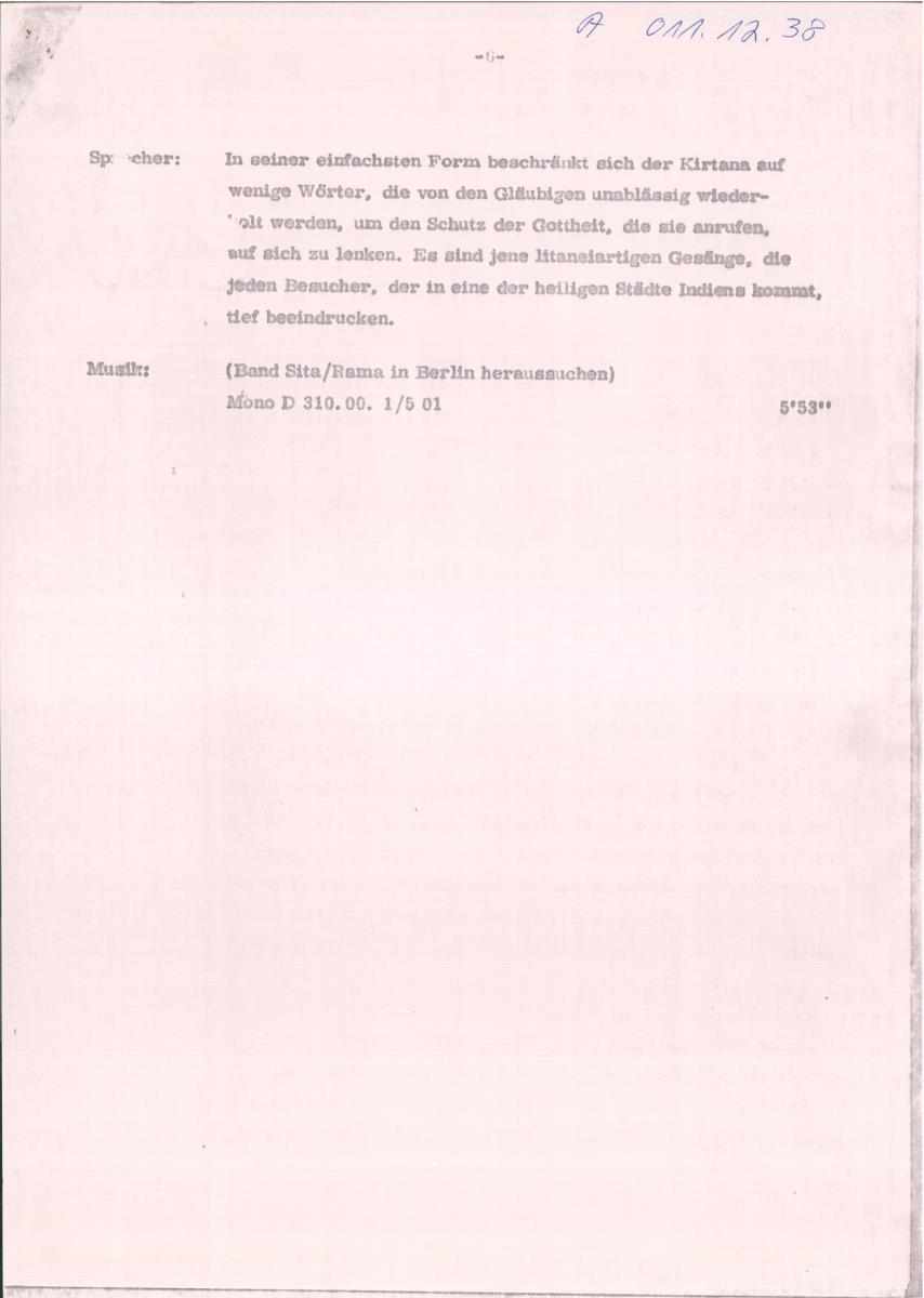 39. SFB-Sendung Mystische Gesänge des Orients; Chöre u. Solisten aus Tunesien, Syrien, Iran u. Indien, (Manuskript: Alain Daniélou)