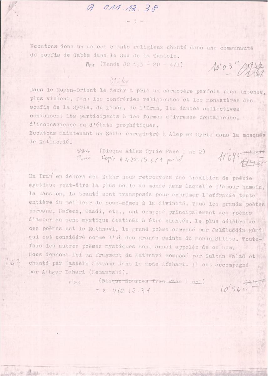 39. SFB-Sendung Mystische Gesänge des Orients; Chöre u. Solisten aus Tunesien, Syrien, Iran u. Indien, (Manuskript: Alain Daniélou)