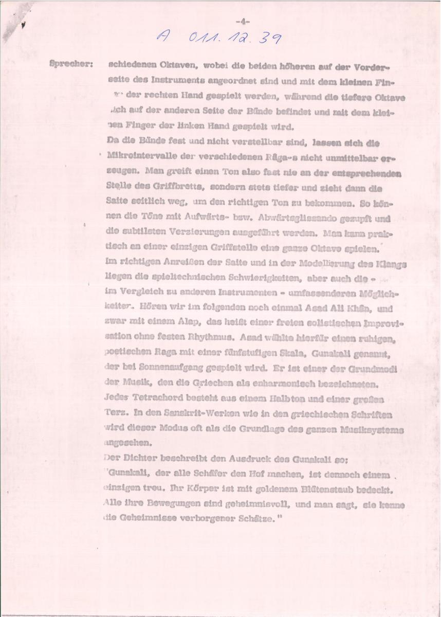 39. SFB-Sendung Ein Konzert auf der indischen Vina, Asad Ali Khan, Swami Parvatikar, (Manuskript: Alain Daniélou)