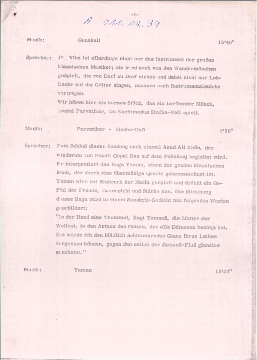 39. SFB-Sendung Ein Konzert auf der indischen Vina, Asad Ali Khan, Swami Parvatikar, (Manuskript: Alain Daniélou)
