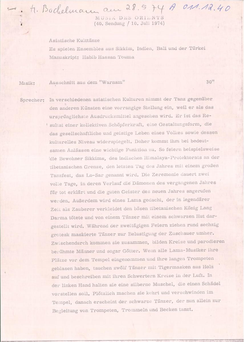 40. SFB-Sendung Asiatische Kulttänze, (Manuskript: Habib Hassan Touma)