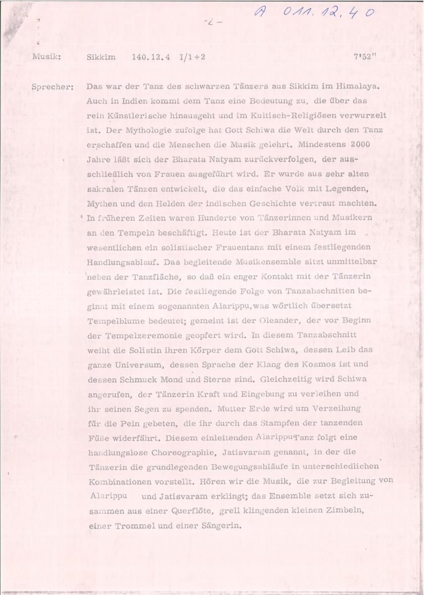 40. SFB-Sendung Asiatische Kulttänze, (Manuskript: Habib Hassan Touma)