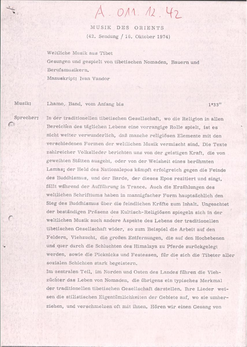 42. SFB-Sendung Weltliche Musik aus Tibet, (Manuskript: Ivan Vandor)