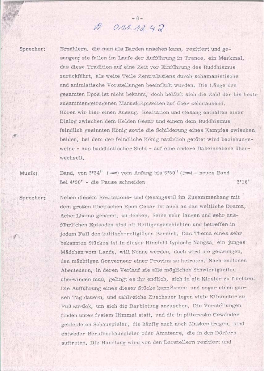 42. SFB-Sendung Weltliche Musik aus Tibet, (Manuskript: Ivan Vandor)