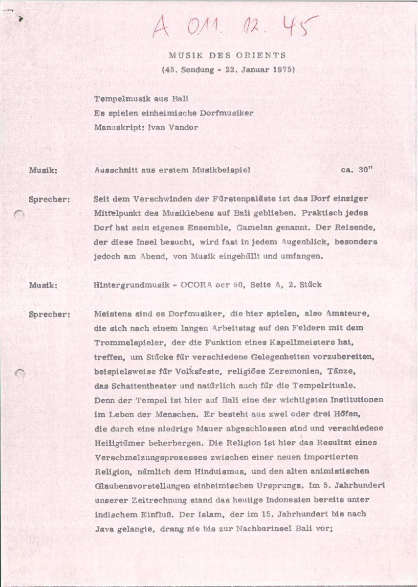 45. SFB-Sendung Tempelmusik aus Bali, (Manuskript: Ivan Vandor)