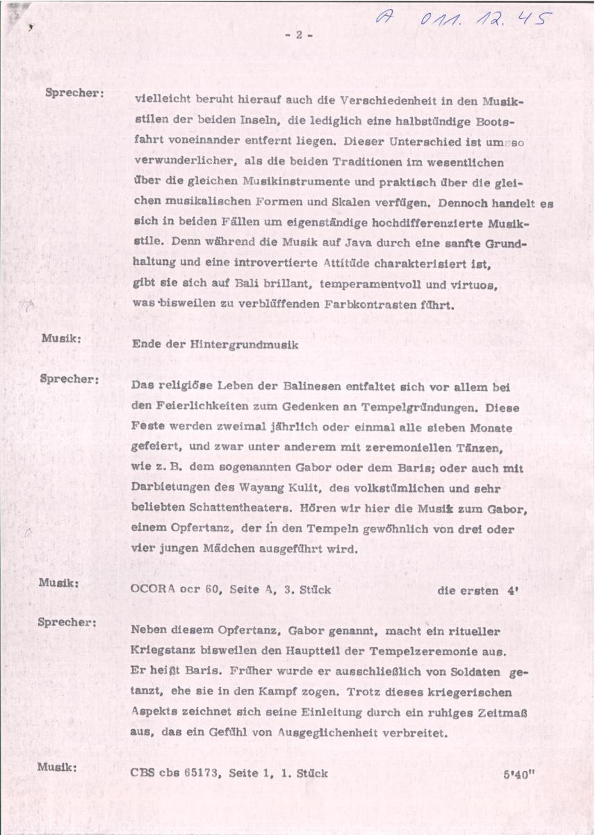 45. SFB-Sendung Tempelmusik aus Bali, (Manuskript: Ivan Vandor)