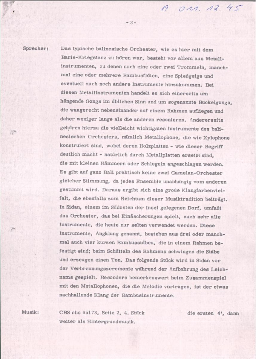 45. SFB-Sendung Tempelmusik aus Bali, (Manuskript: Ivan Vandor)
