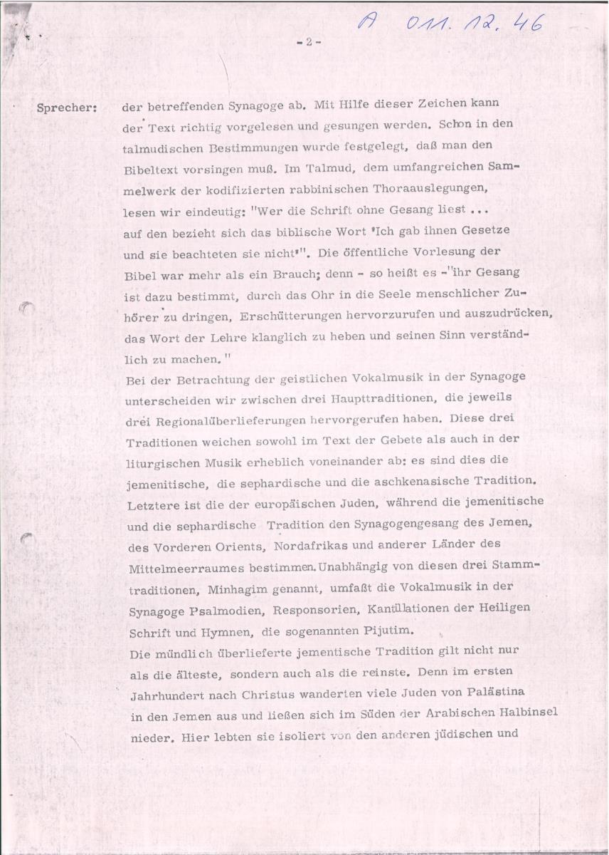 46. SFB-Sendung Musik des Orients, geistliche Vokalmusik in Synagogen des Orients, Israel, (Manuskript: Habib Hassan Touma)