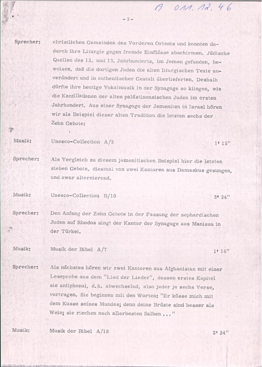 46. SFB-Sendung Musik des Orients, geistliche Vokalmusik in Synagogen des Orients, Israel, (Manuskript: Habib Hassan Touma)