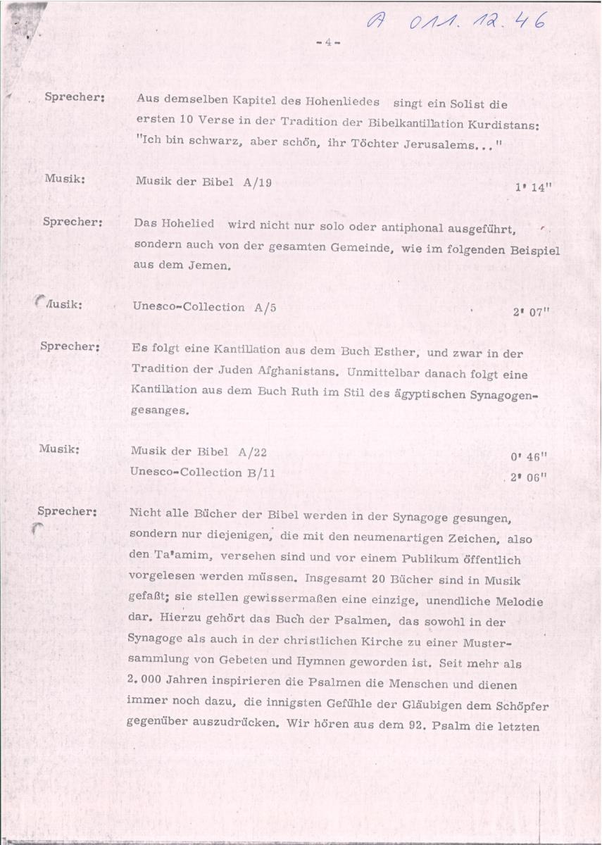 46. SFB-Sendung Musik des Orients, geistliche Vokalmusik in Synagogen des Orients, Israel, (Manuskript: Habib Hassan Touma)