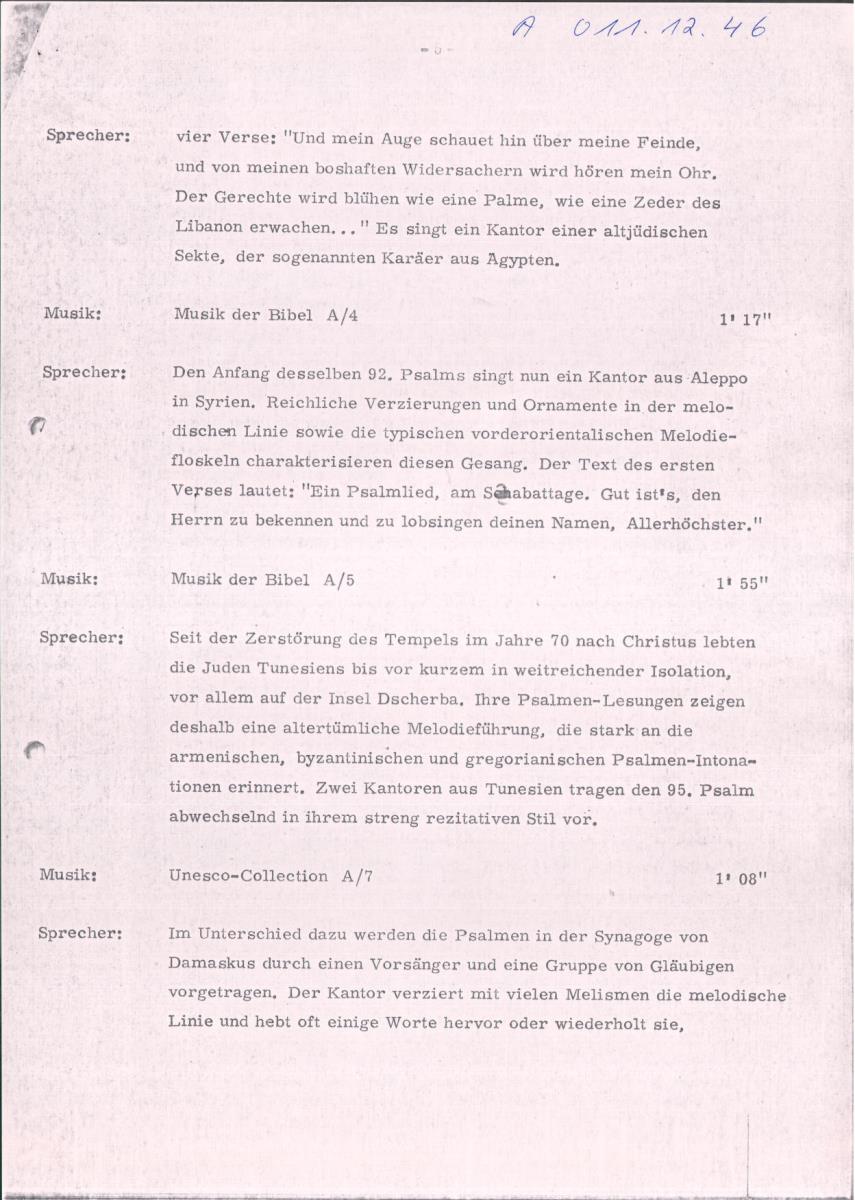 46. SFB-Sendung Musik des Orients, geistliche Vokalmusik in Synagogen des Orients, Israel, (Manuskript: Habib Hassan Touma)