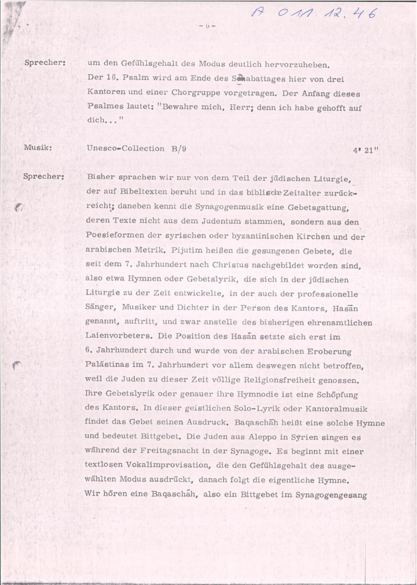 46. SFB-Sendung Musik des Orients, geistliche Vokalmusik in Synagogen des Orients, Israel, (Manuskript: Habib Hassan Touma)