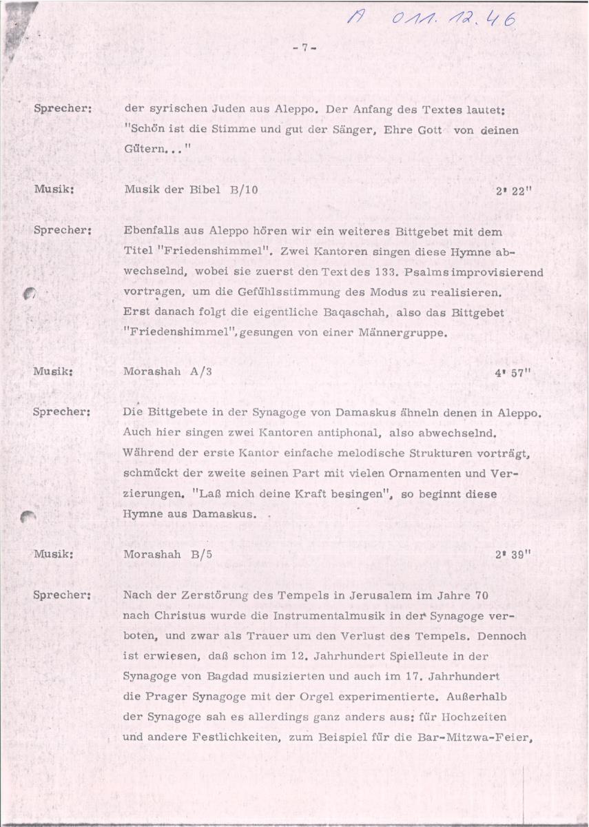 46. SFB-Sendung Musik des Orients, geistliche Vokalmusik in Synagogen des Orients, Israel, (Manuskript: Habib Hassan Touma)