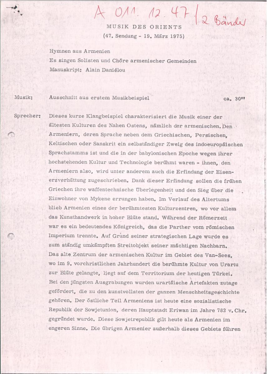 47. SFB-Sendung Hymnen aus Armenien, (Manuskript: Alain Daniélou)