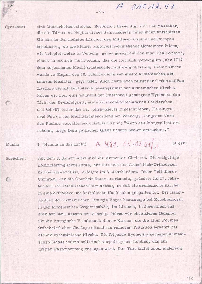 47. SFB-Sendung Hymnen aus Armenien, (Manuskript: Alain Daniélou)