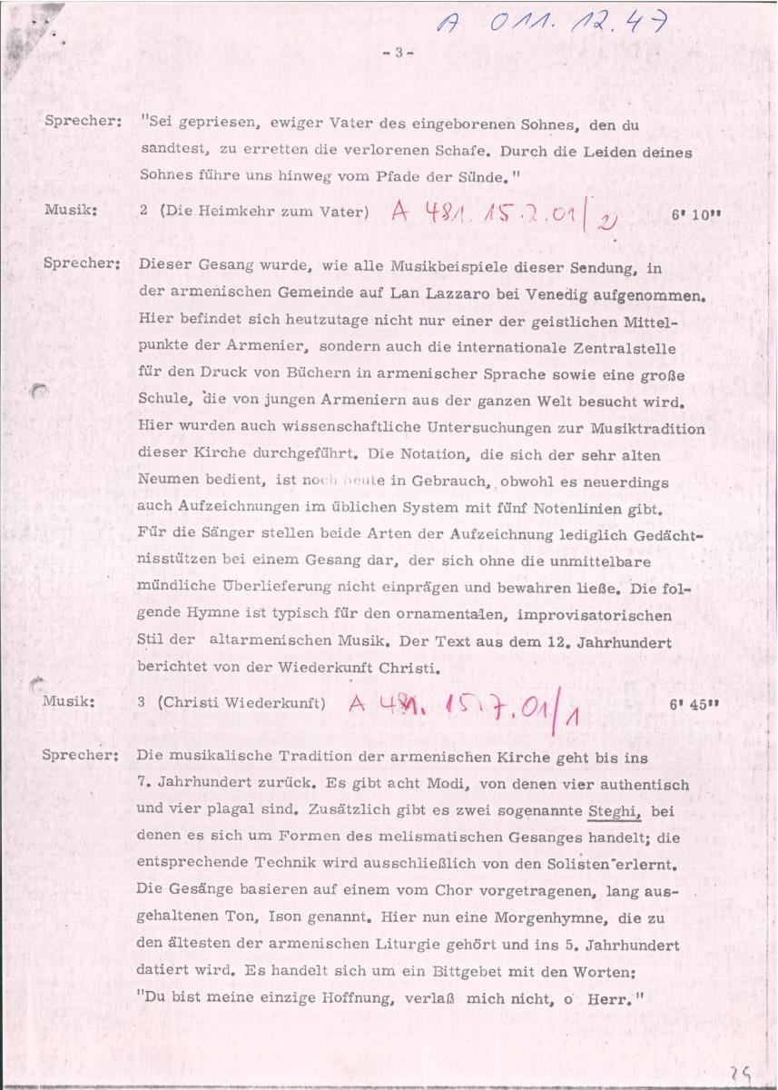 47. SFB-Sendung Hymnen aus Armenien, (Manuskript: Alain Daniélou)