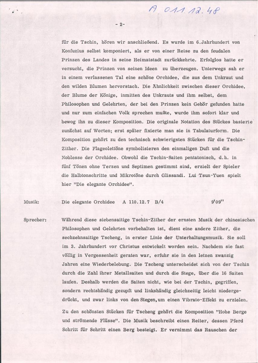48. SFB-Sendung Fernöstliche Musik auf der Zither, (Manuskript: Habib Hassan Touma)