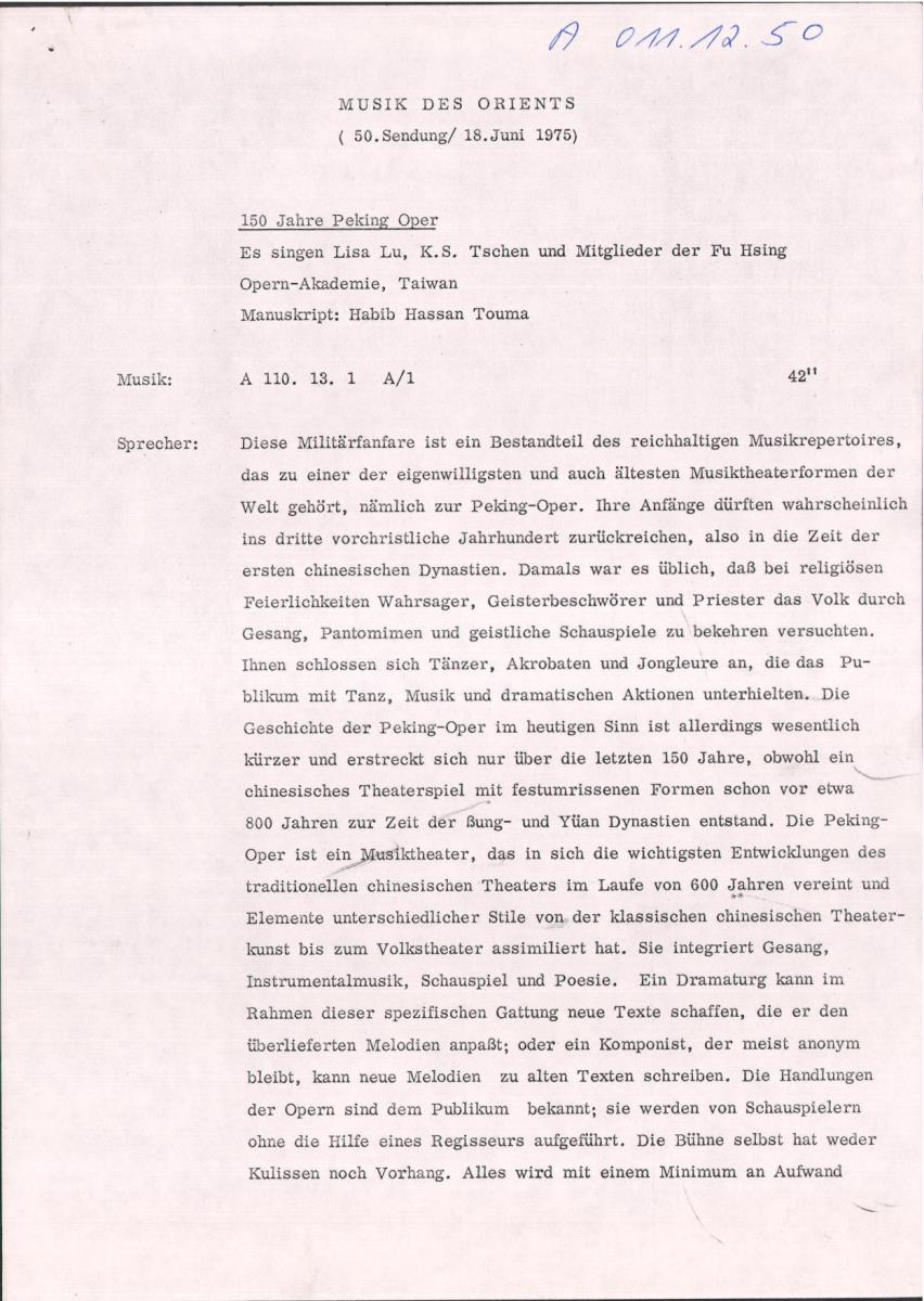 50. SFB-Sendung 150 Jahre Peking Oper, Taiwan , (Manuskript: Habib Hassan Touma)