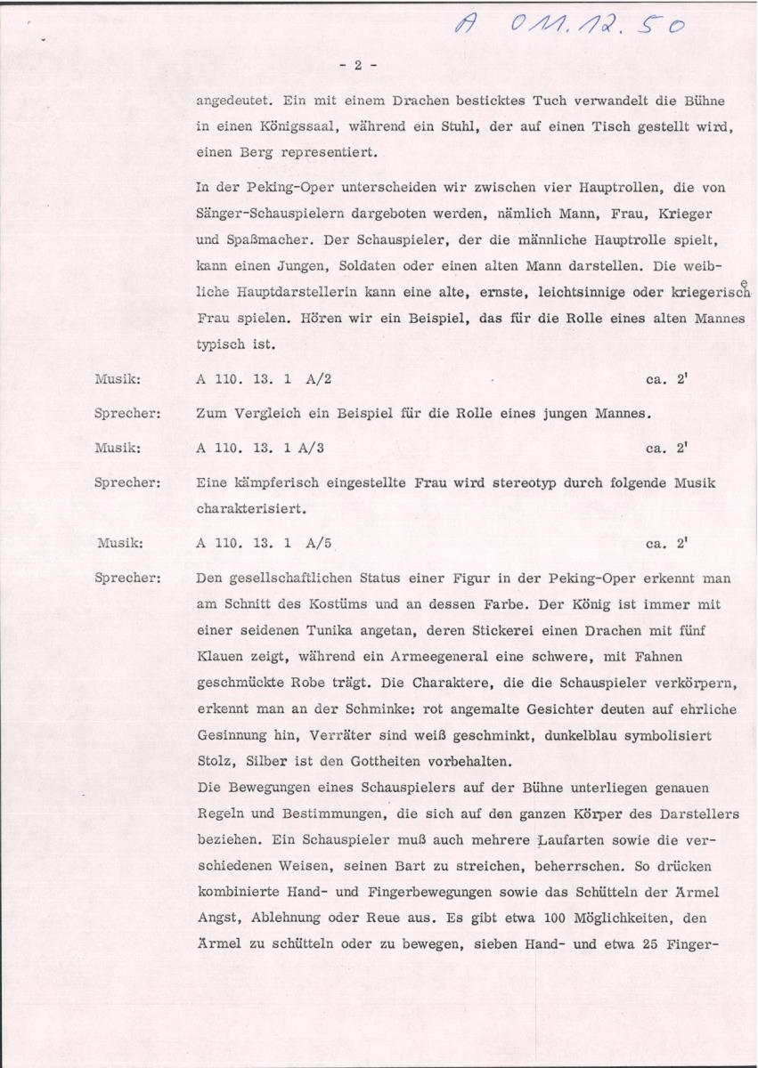50. SFB-Sendung 150 Jahre Peking Oper, Taiwan , (Manuskript: Habib Hassan Touma)