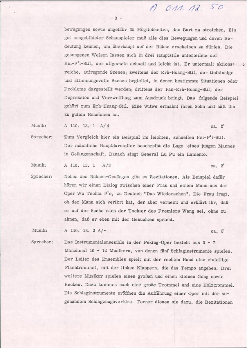 50. SFB-Sendung 150 Jahre Peking Oper, Taiwan , (Manuskript: Habib Hassan Touma)