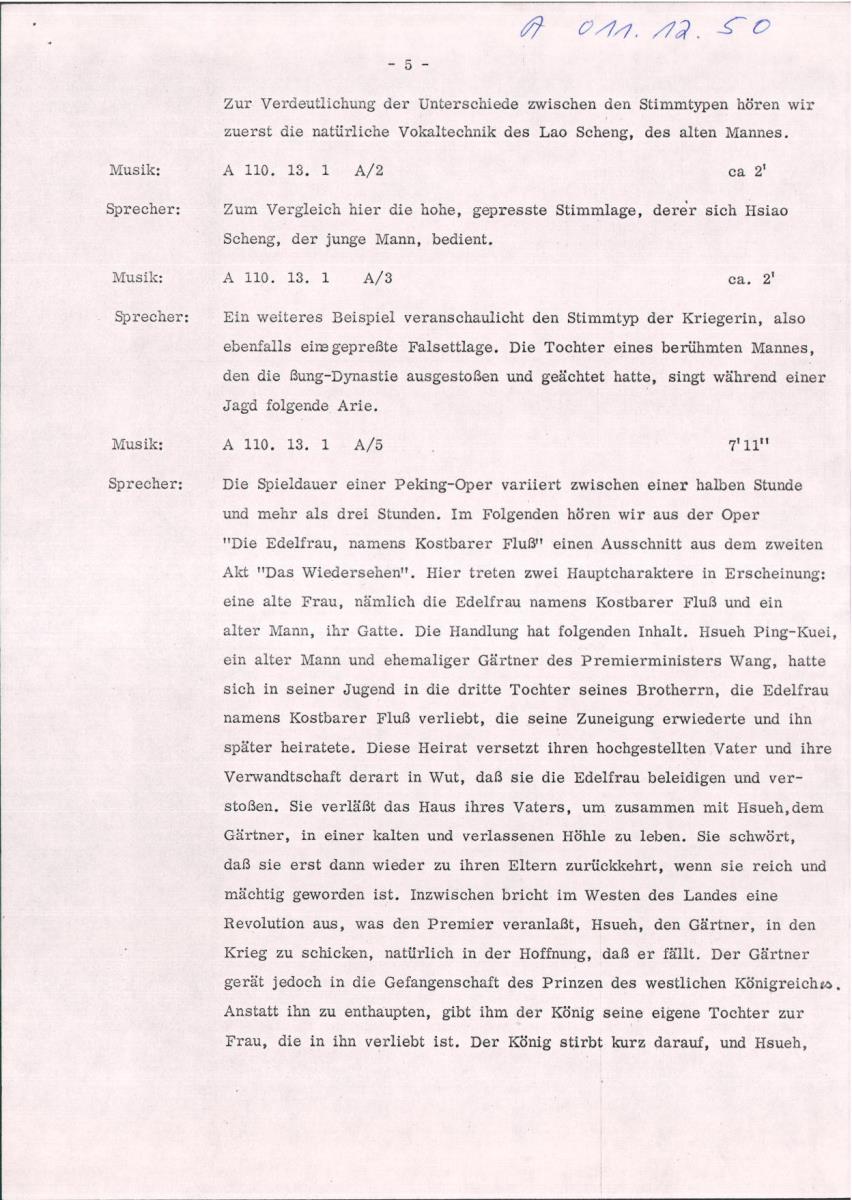 50. SFB-Sendung 150 Jahre Peking Oper, Taiwan , (Manuskript: Habib Hassan Touma)