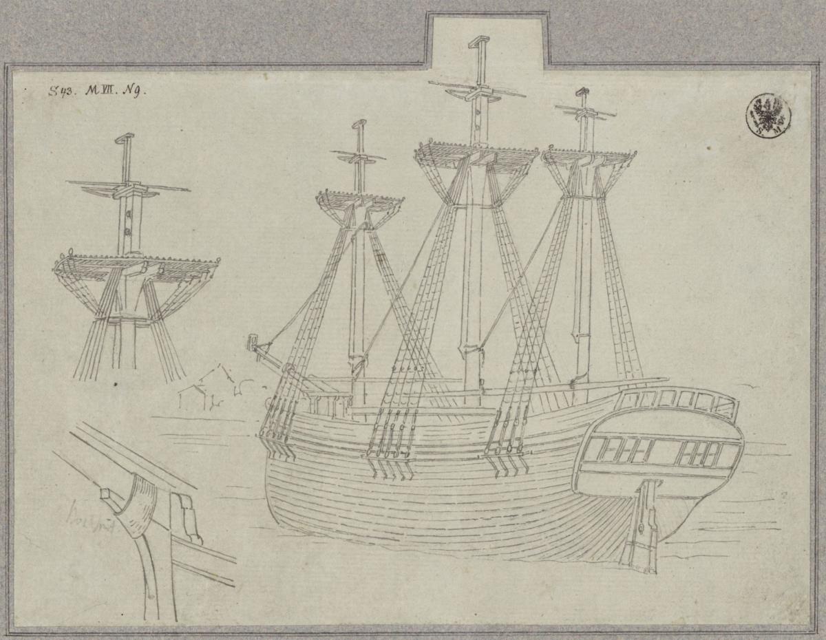 Ansichten eines dreimastigen Schiffes auf Reede