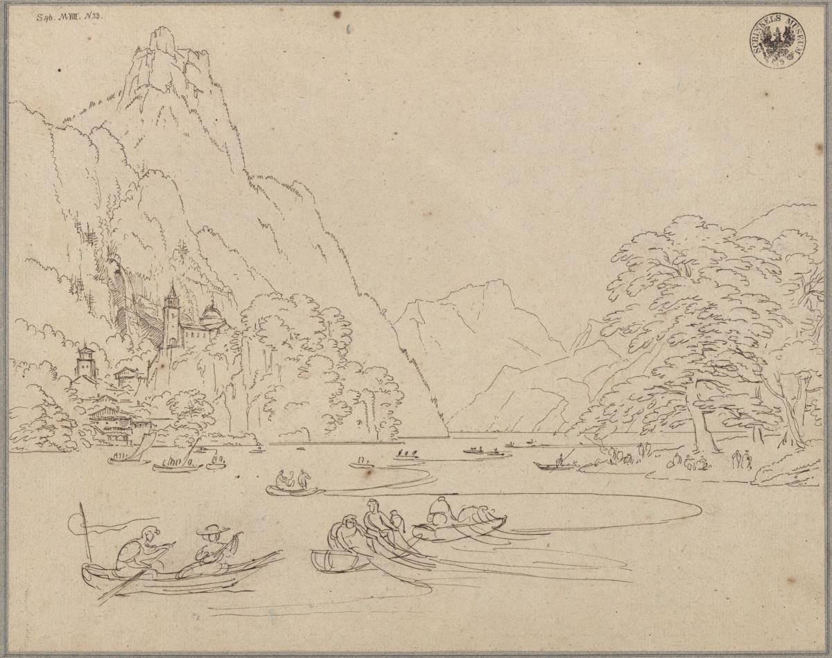 Gebirgslandschaft mit See und Boten, wohl der Traunsee mit dem Kleinen Sonnstein
