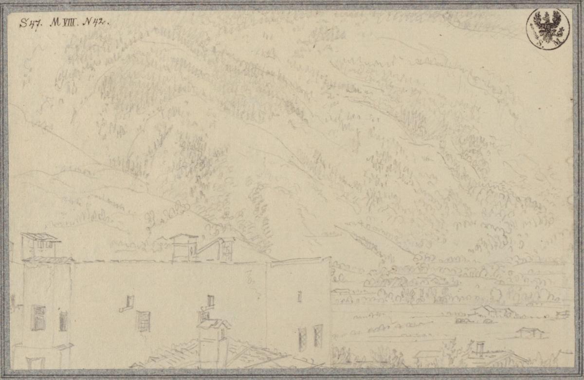Blick über Dächer und das Landgerichtshaus in Hofgastein hinweg, wohl auf das Radhausbergmassiv