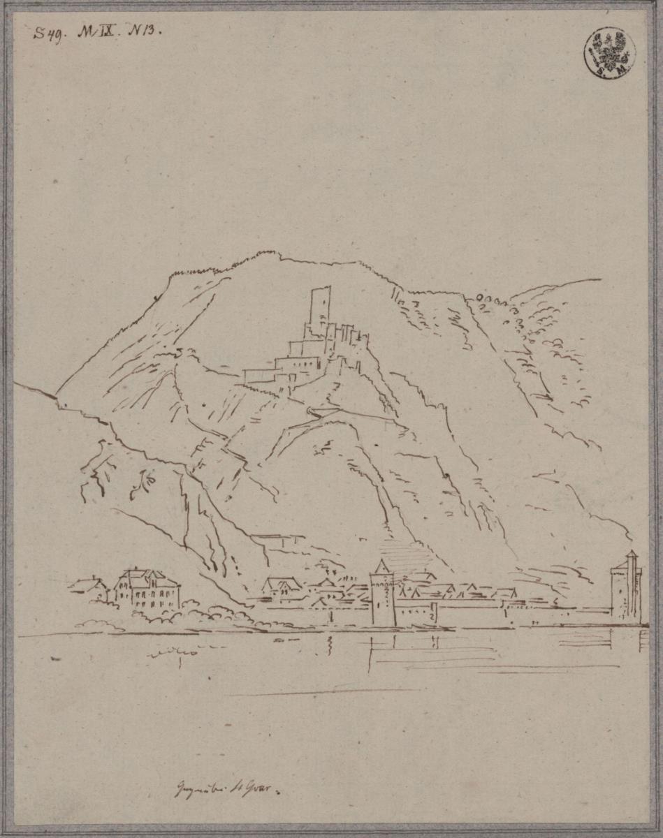 St. Goar, Blick auf St. Goarshausen und Burg Katz