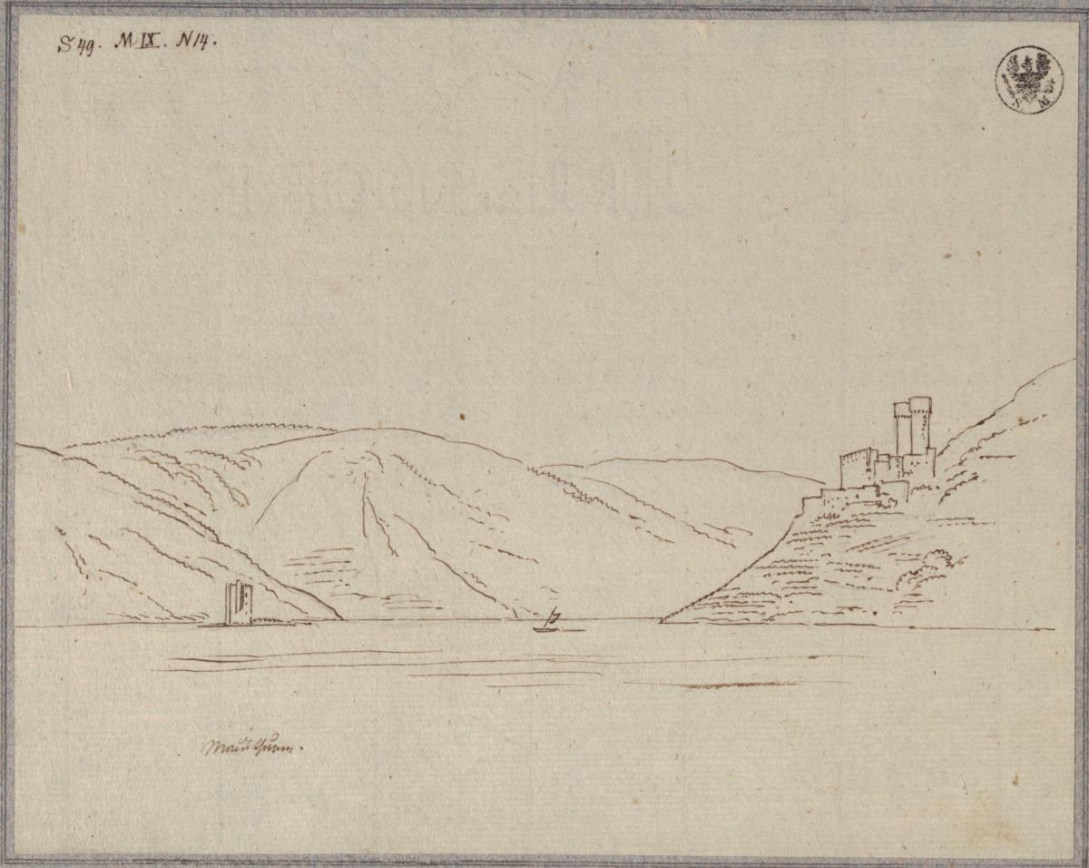 Rheinansicht mit Mäuseturm bei Bingen und Burg Ehrenfels